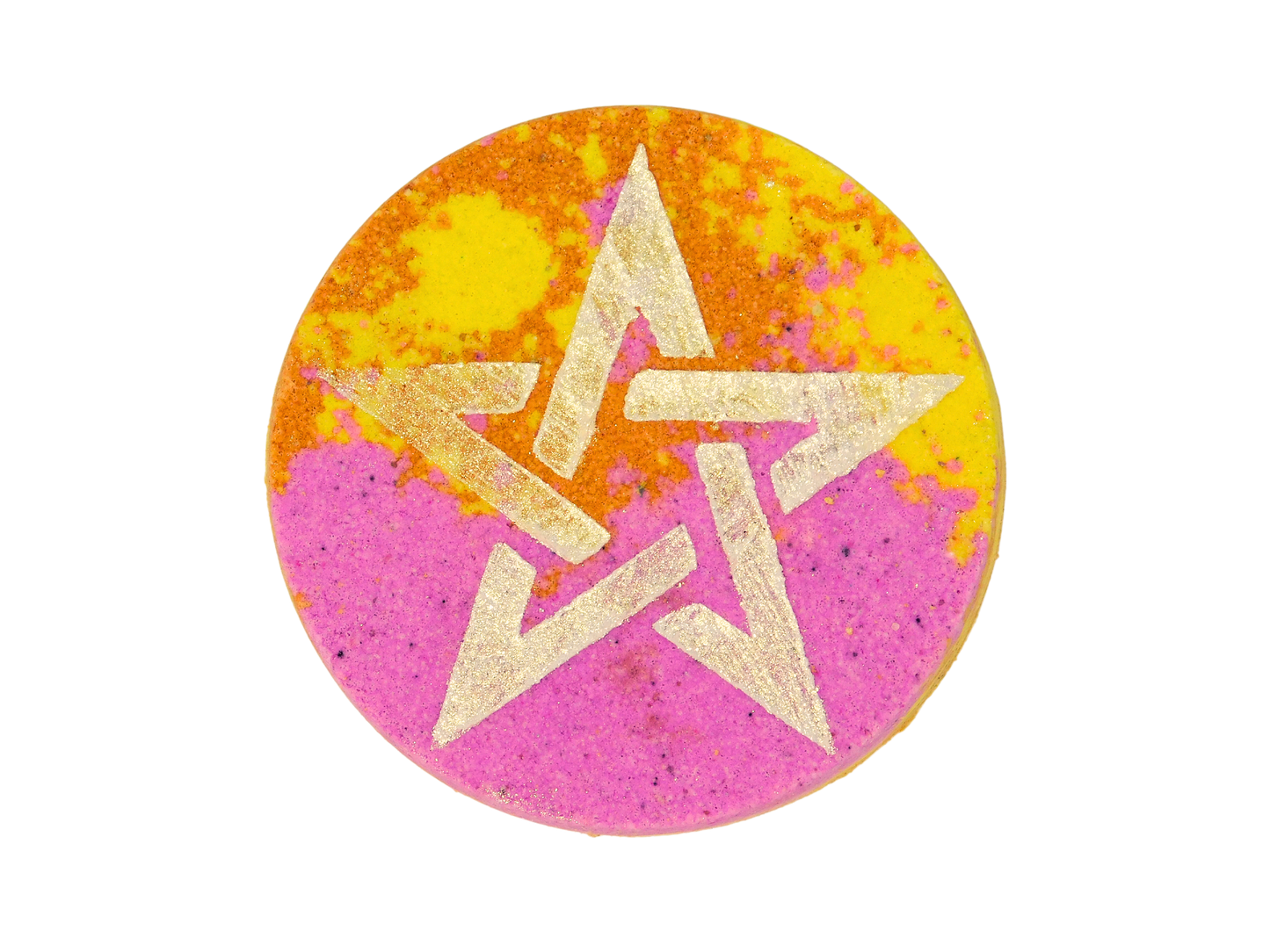 Circular bath bomb with pentagram design on a yellow and pink background