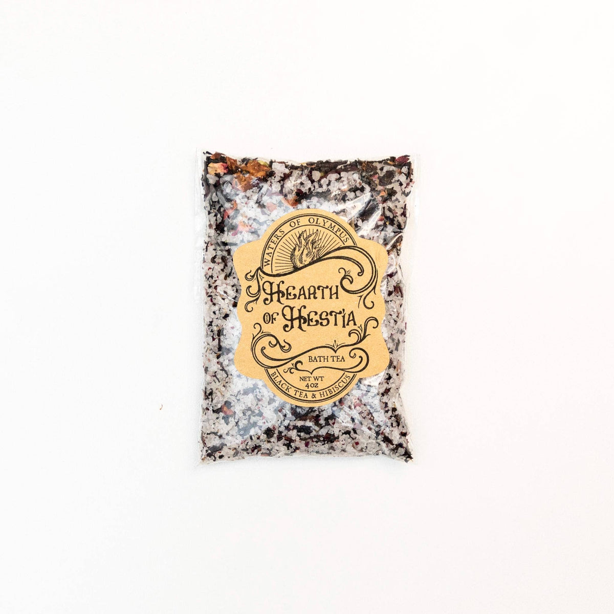 Packaged bath tea with 'Heart of Hestia' label on a white background