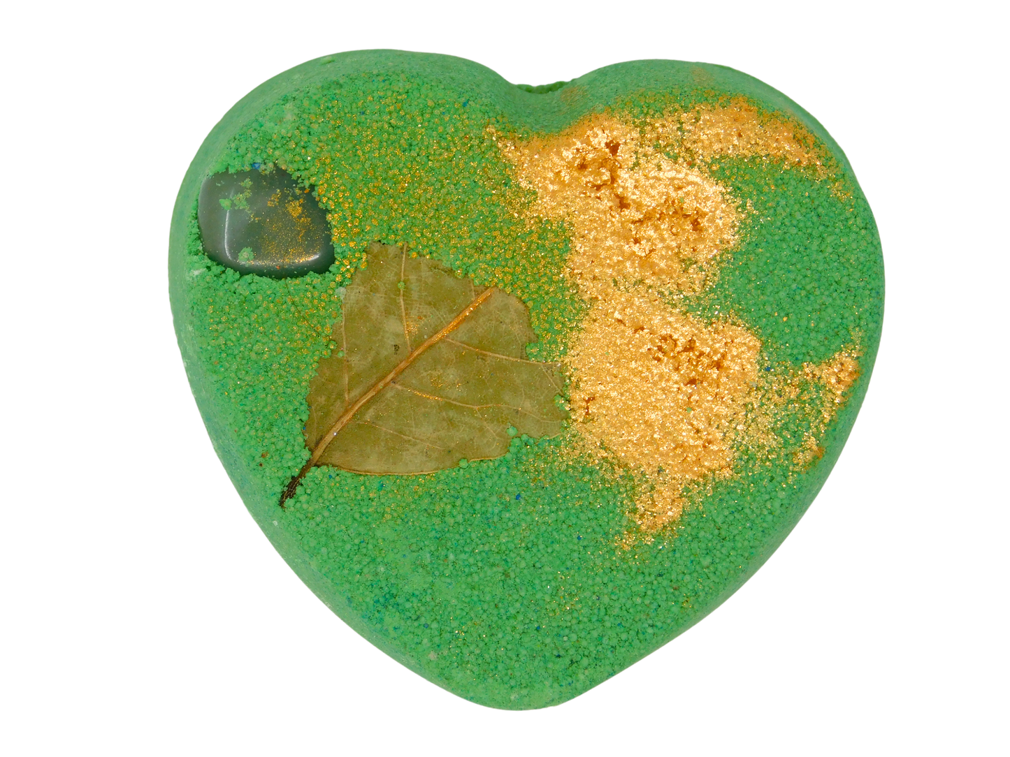 Heart-shaped green and gold bath bomb with a leaf and stone