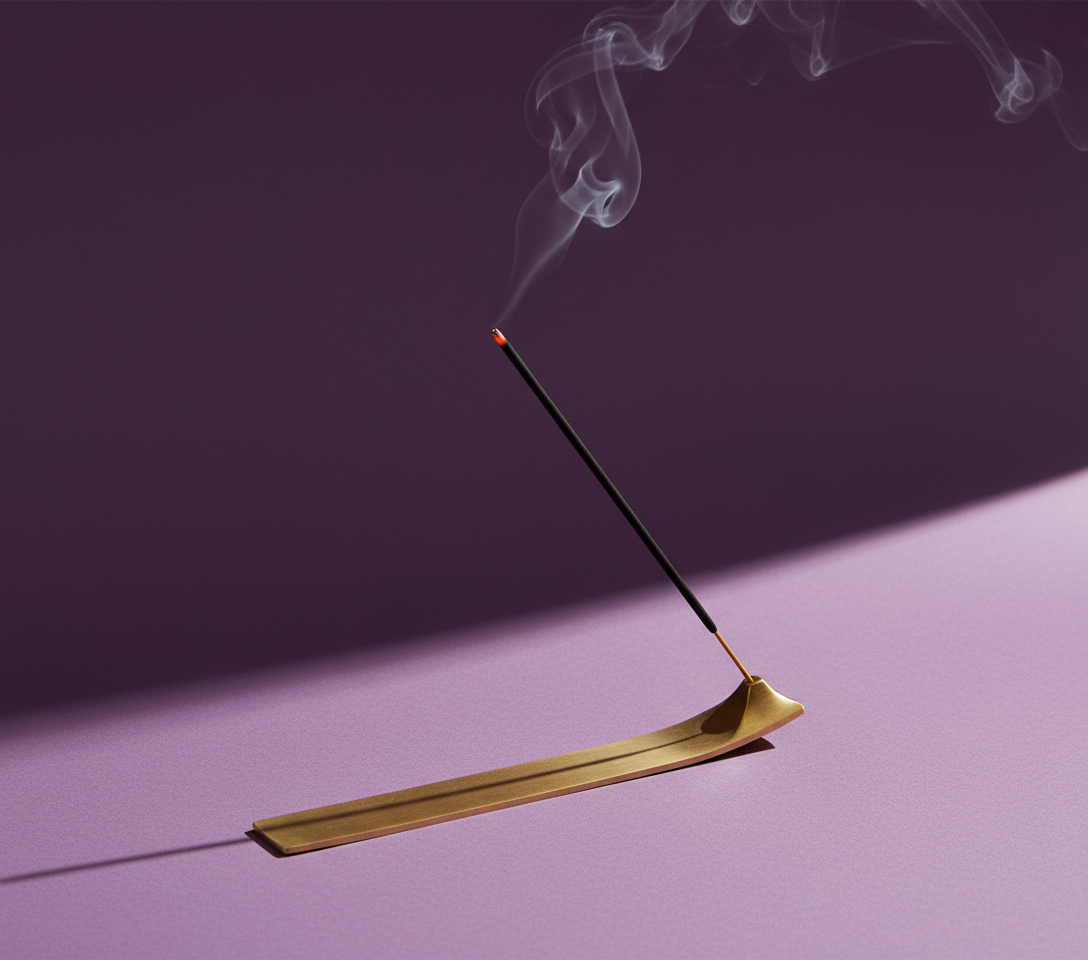 Incense stick burning on a metallic incense holder with smoke against a purple background