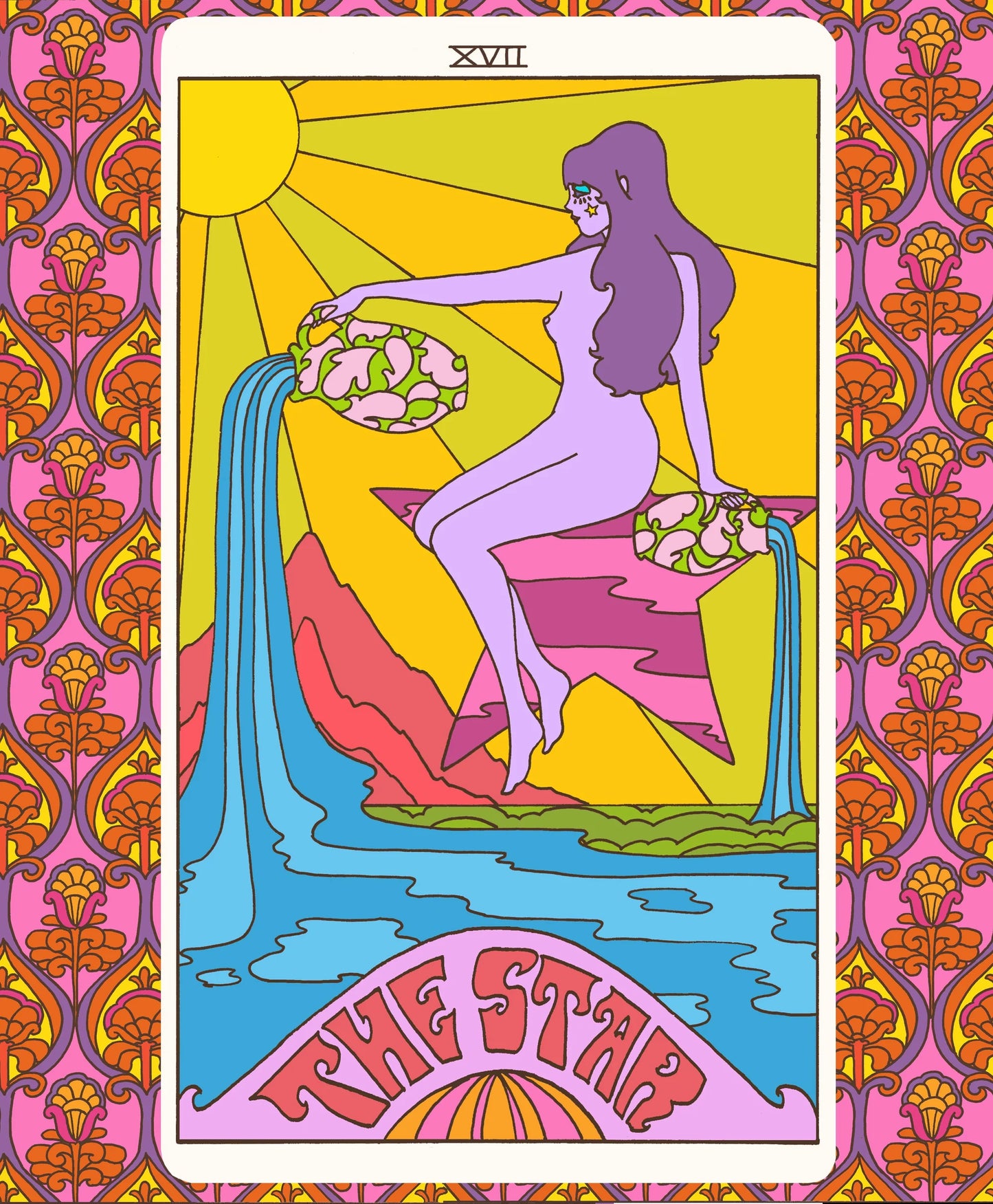 A retro-style tarot card illustration titled 'THE STAR' with a white border, colorful psychedelic artwork, and an ornate pink and orange patterned border around the card.