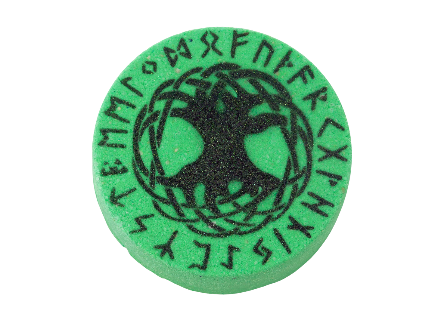 Green circular bath bomb with black tree design and runes