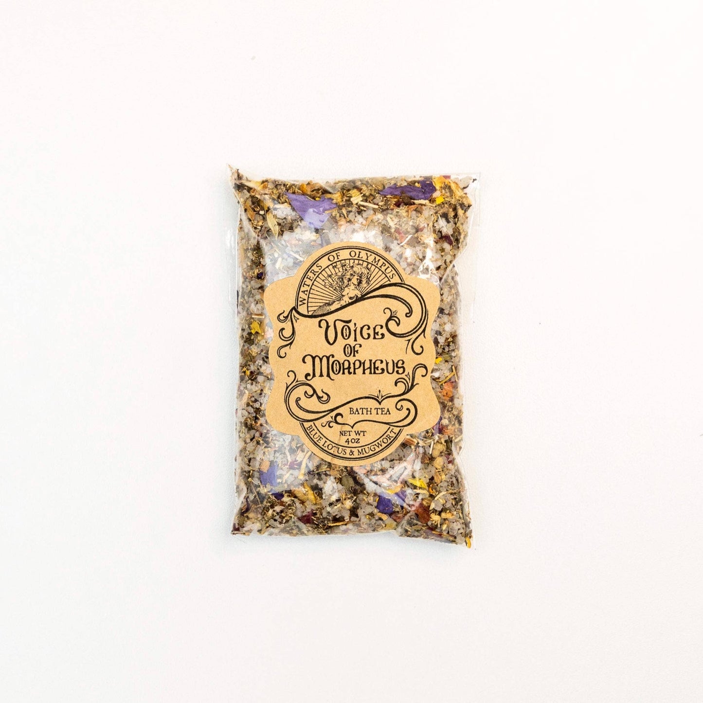 Bag of bath tea with 'Voice of Morpheus' label on a white background