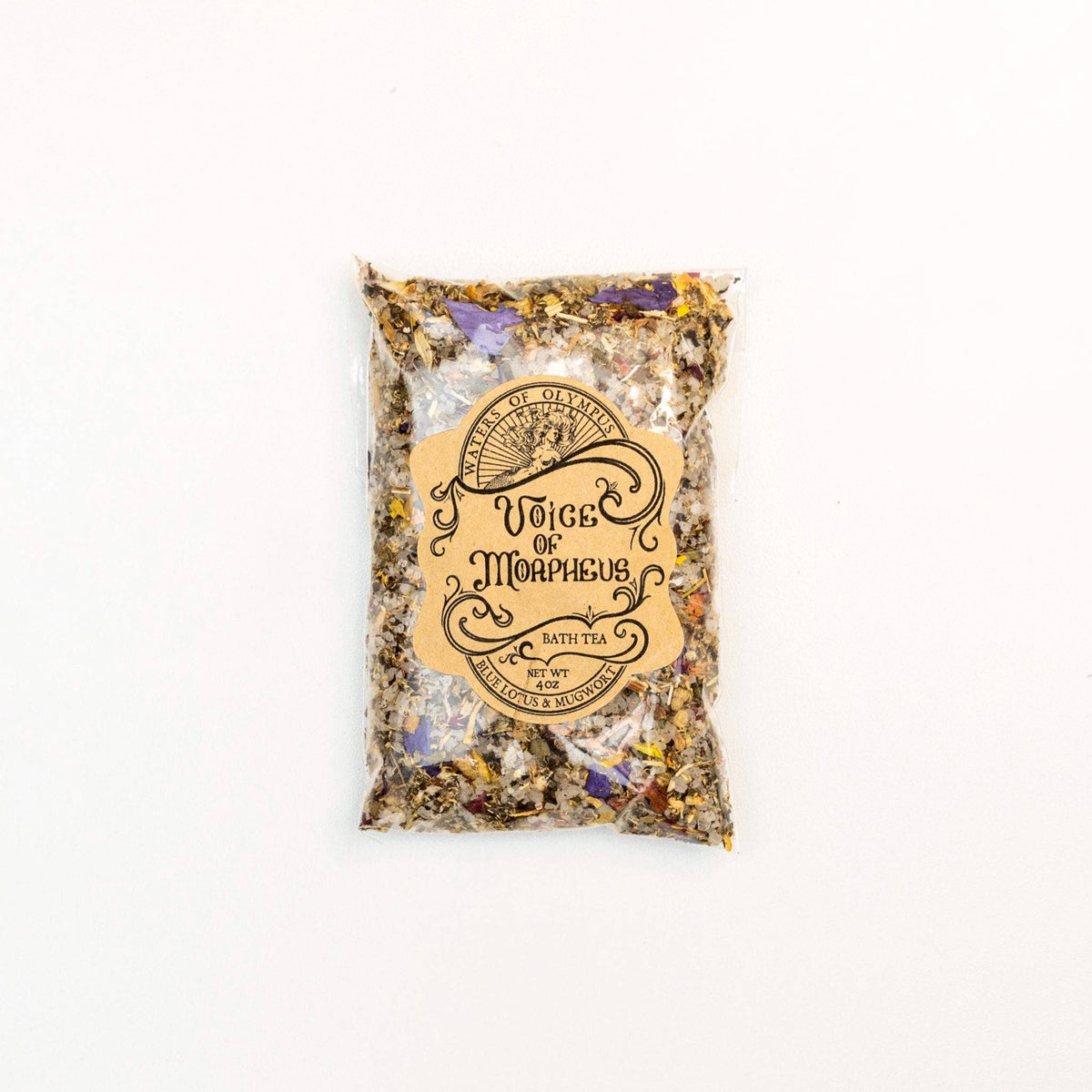 Bag of bath tea with 'Voice of Morpheus' label on a white background