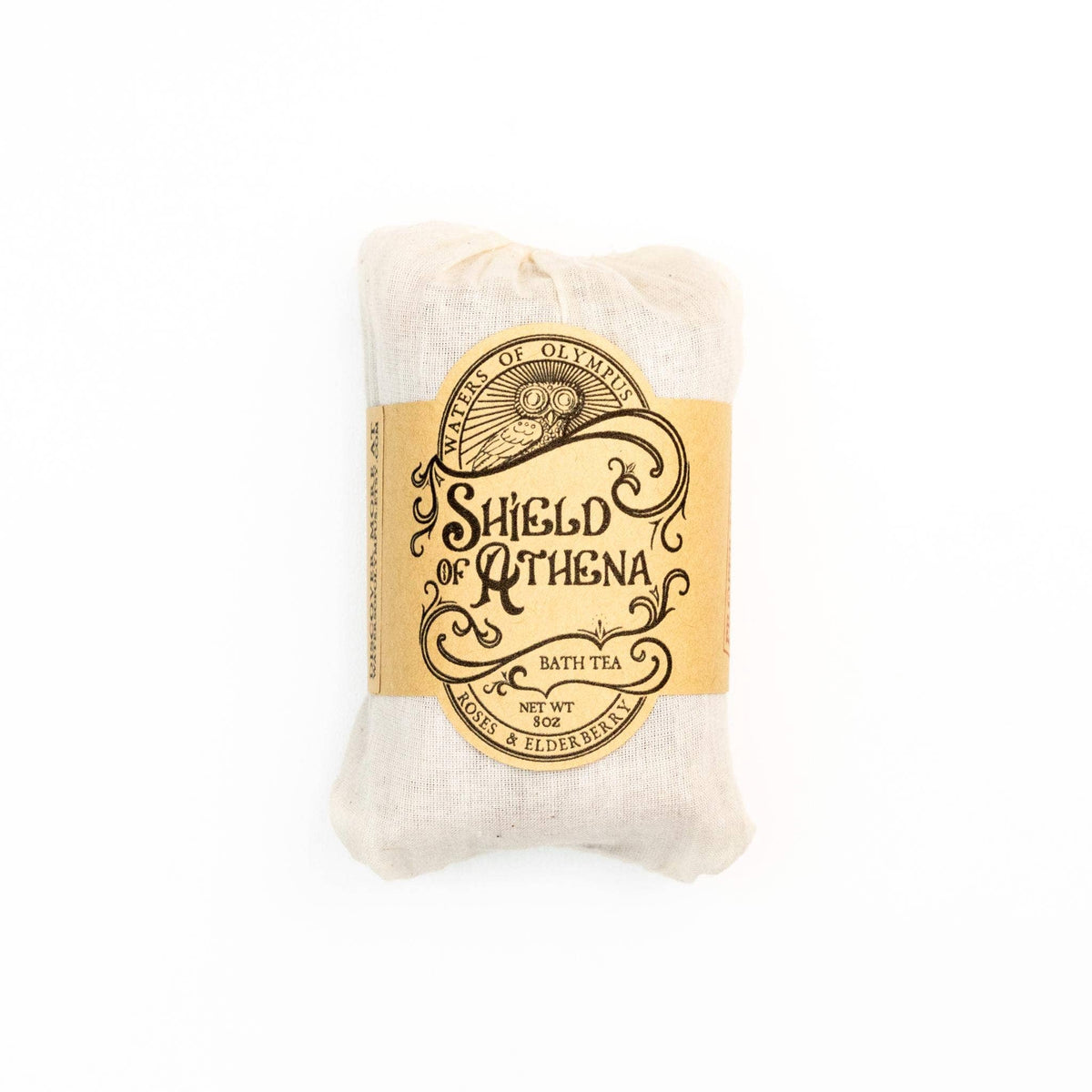 Bath tea package with 'Shield of Athena' label on a white background