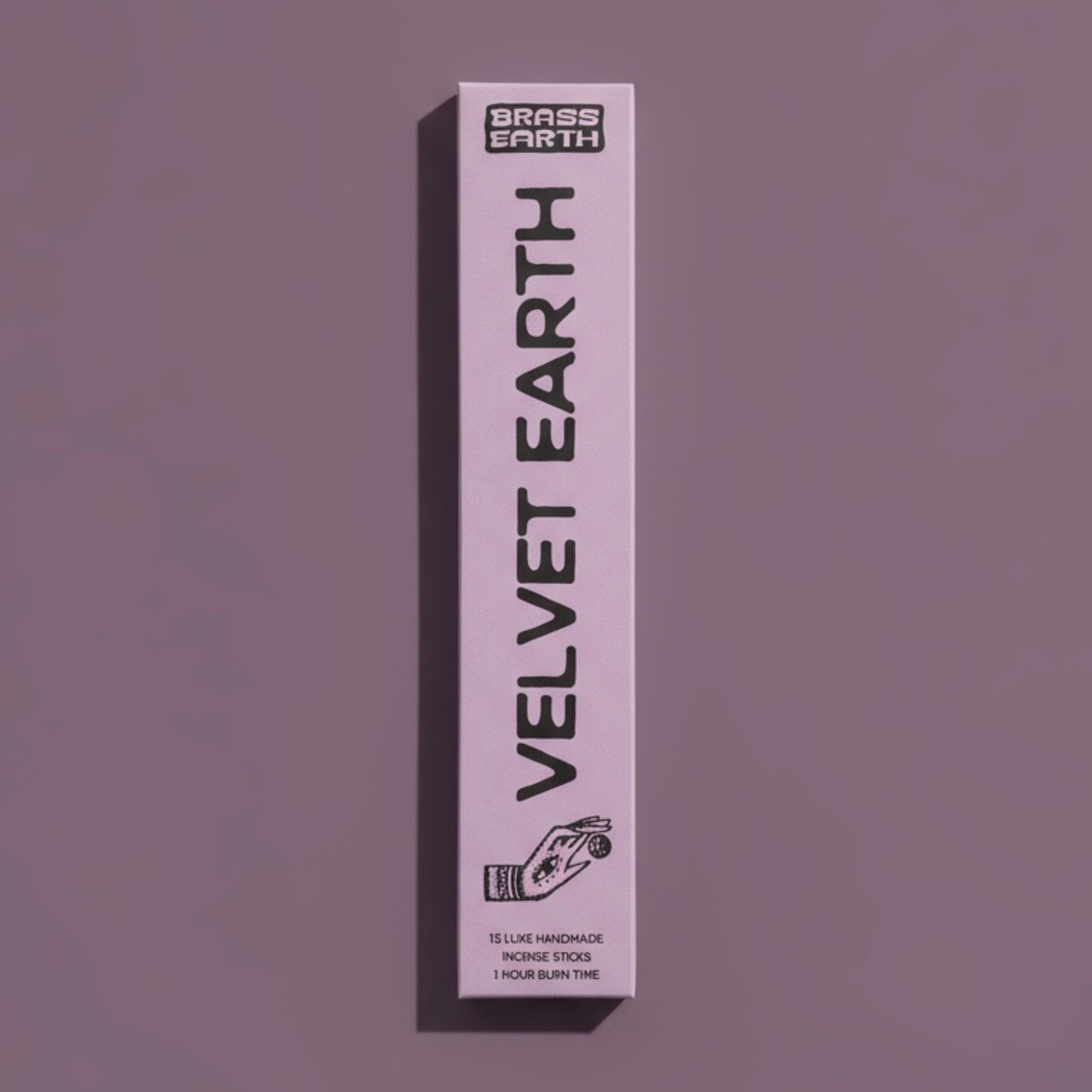 Box of Velvet Earth incense sticks on a purple background