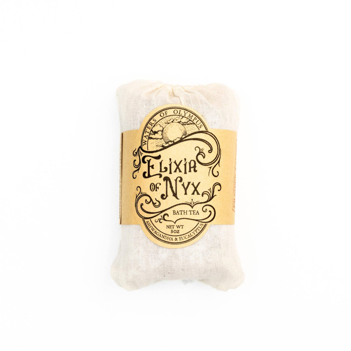 Bath tea package with 'Elixir of Nyx' label on a white background