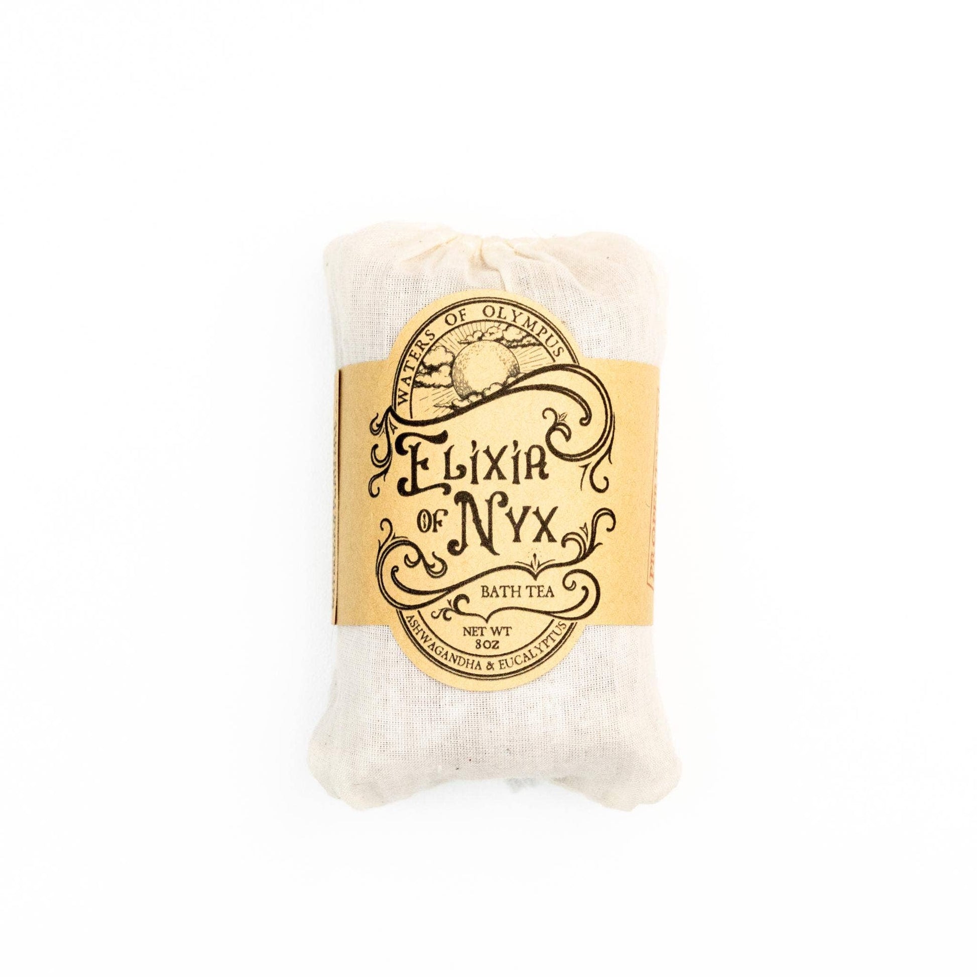 Bath tea package with 'Elixir of Nyx' label on a white background
