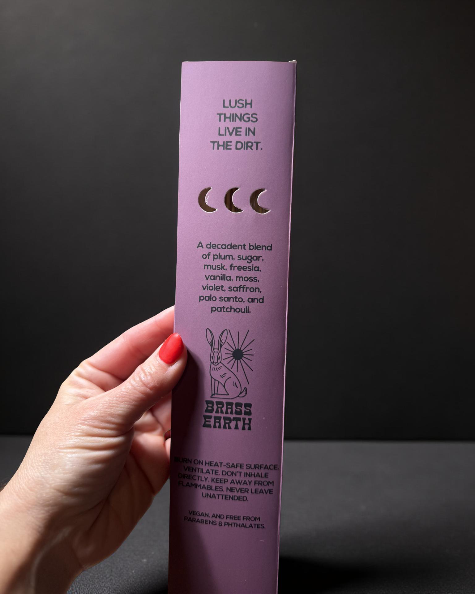 Hand holding a purple Brass Earth incense product packaging against a dark background