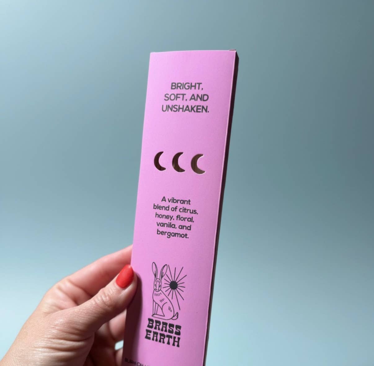 Brass Earth Pink product packaging with text and branding held by a hand against a light blue background