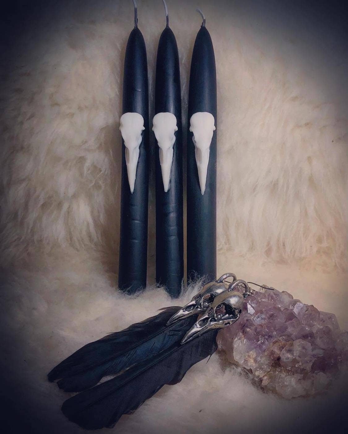 The Messenger: Crow Skull Beeswax Taper Candle