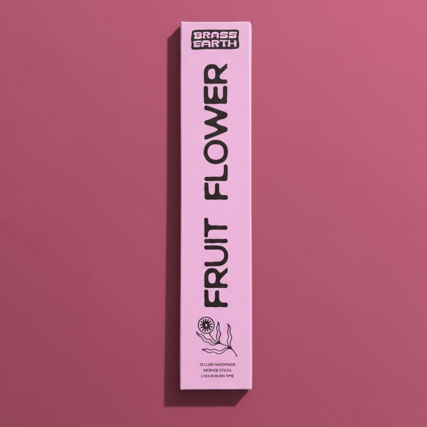 Pink box labeled 'Fruit Flower' on a maroon background