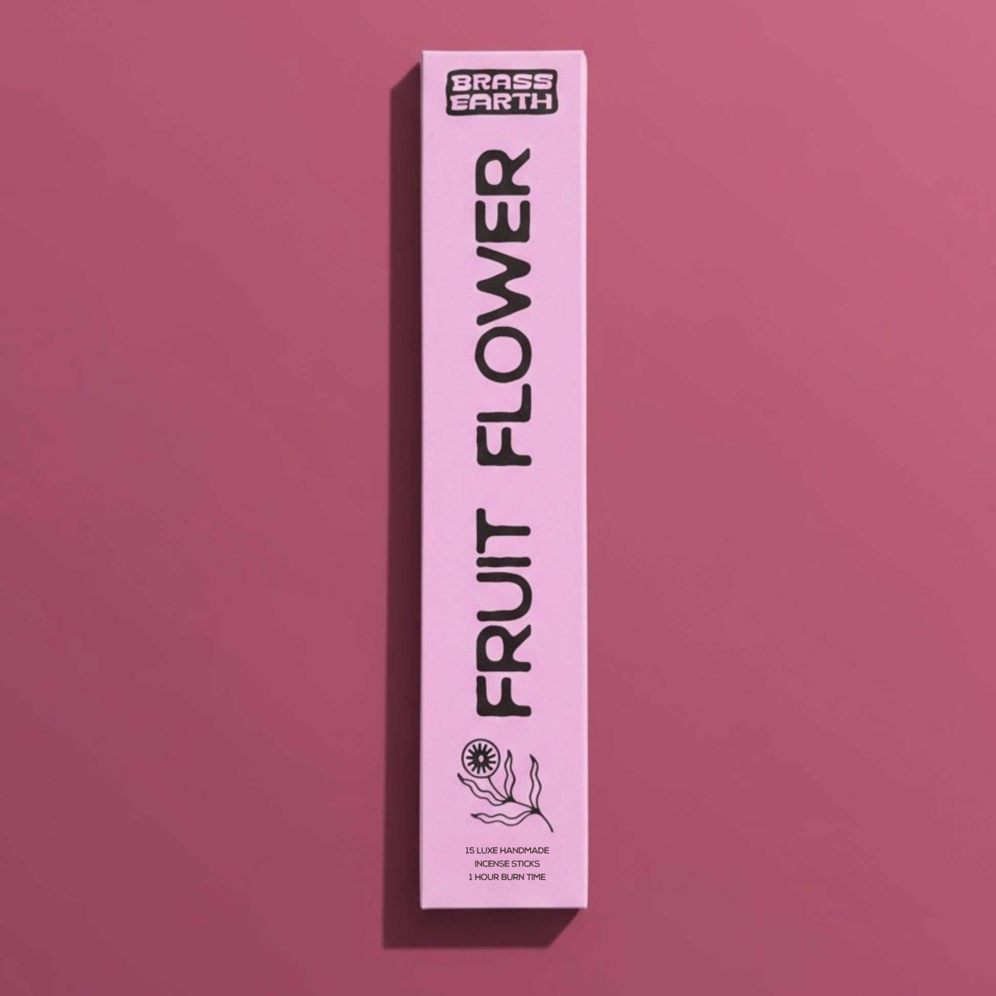 Pink box labeled 'Fruit Flower' on a maroon background