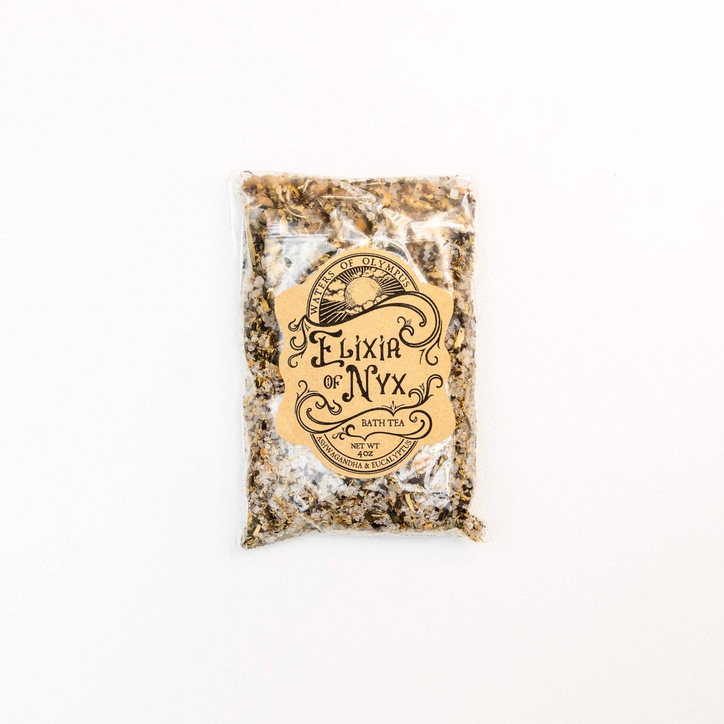Packaged bath tea with 'Elixir of Nyx' label on a white background