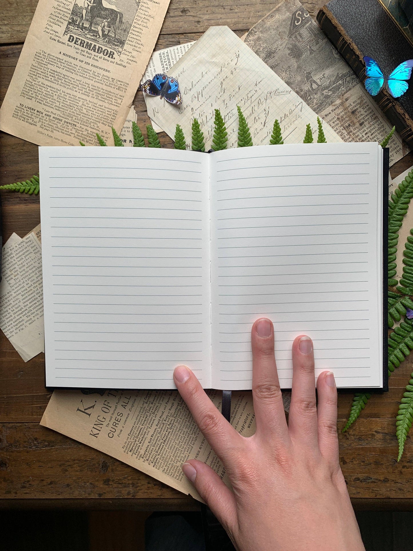 Lined interior notebook with a hand on top, surrounded by greenery and vintage books.