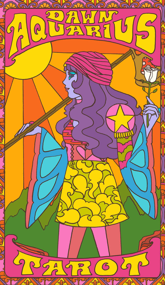 A colorful tarot card illustration labeled 'DAWN AQUARIUS TAROT' with an Aquarius figure in profile, holding a staff and a rose, set against a retro sunburst background with pink, yellow, orange, purple, blue, and green elements.