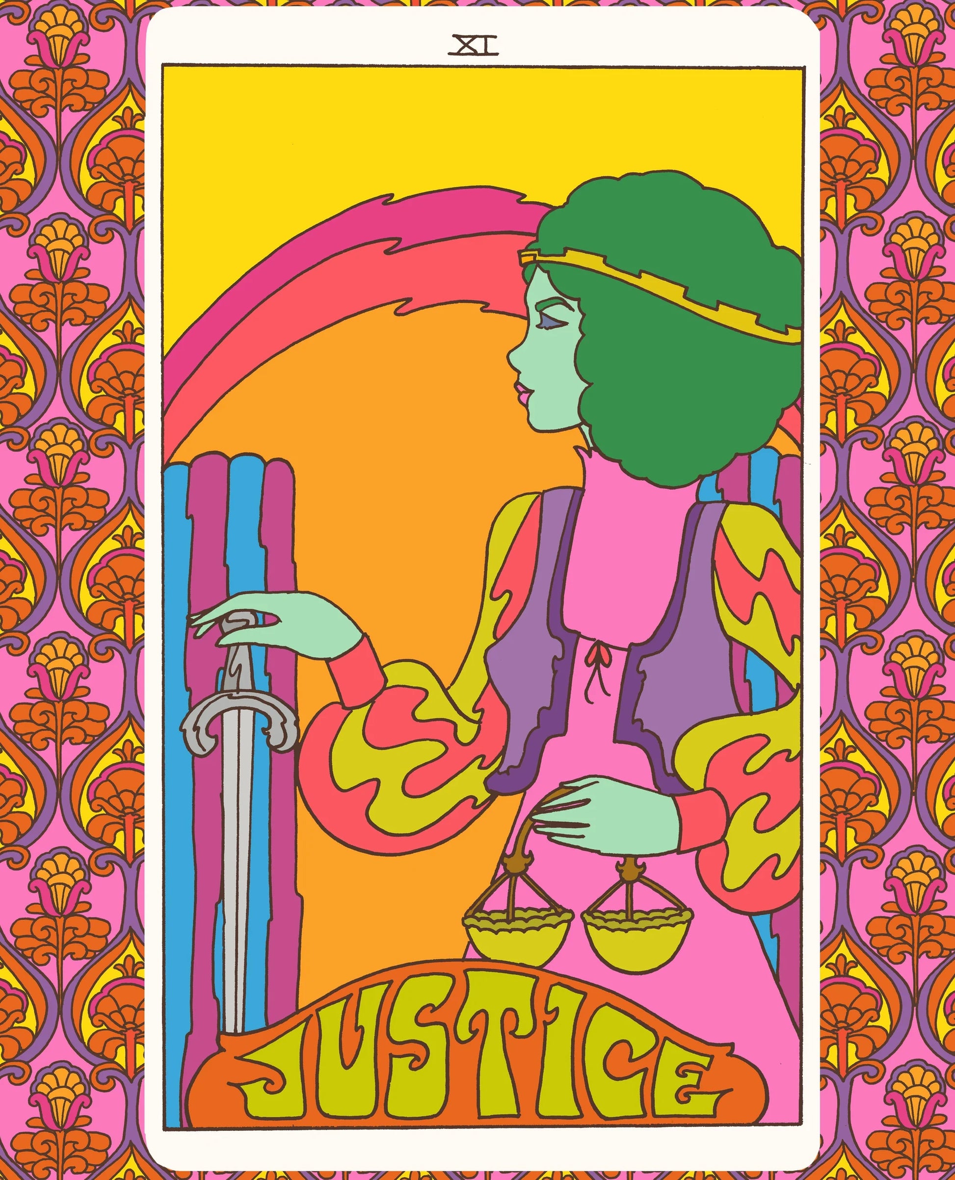 A retro-style tarot card illustration featuring the Justice card with a stylized woman holding scales, surrounded by a pink and orange patterned border. The card has the Roman numeral XI at the top and the word JUSTICE at the bottom.