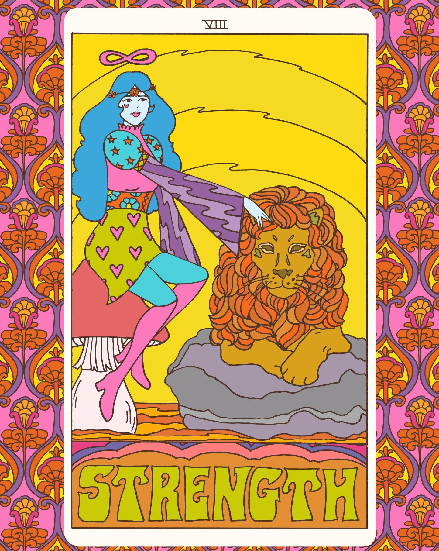 A colorful tarot card illustration labeled 'XIII Strength' with a stylized woman sitting on a mushroom and petting a large lion. The card has a white border and is framed by a pink and orange ornamental patterned border.