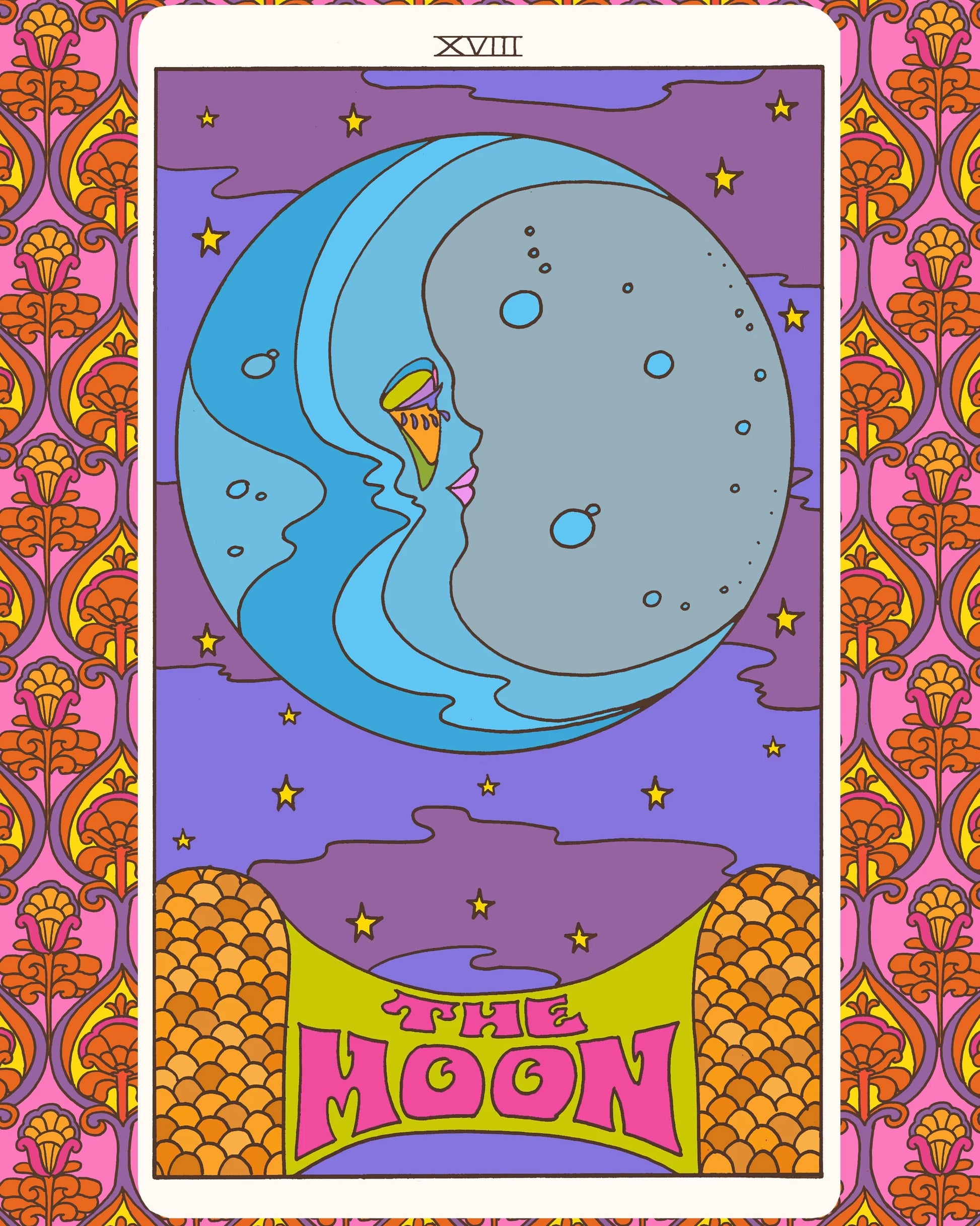 A retro-style illustrated tarot card featuring a large blue and gray moon in a purple sky, with stars and the words 'THE MOON' at the bottom. The design has a pink and orange ornamental border.