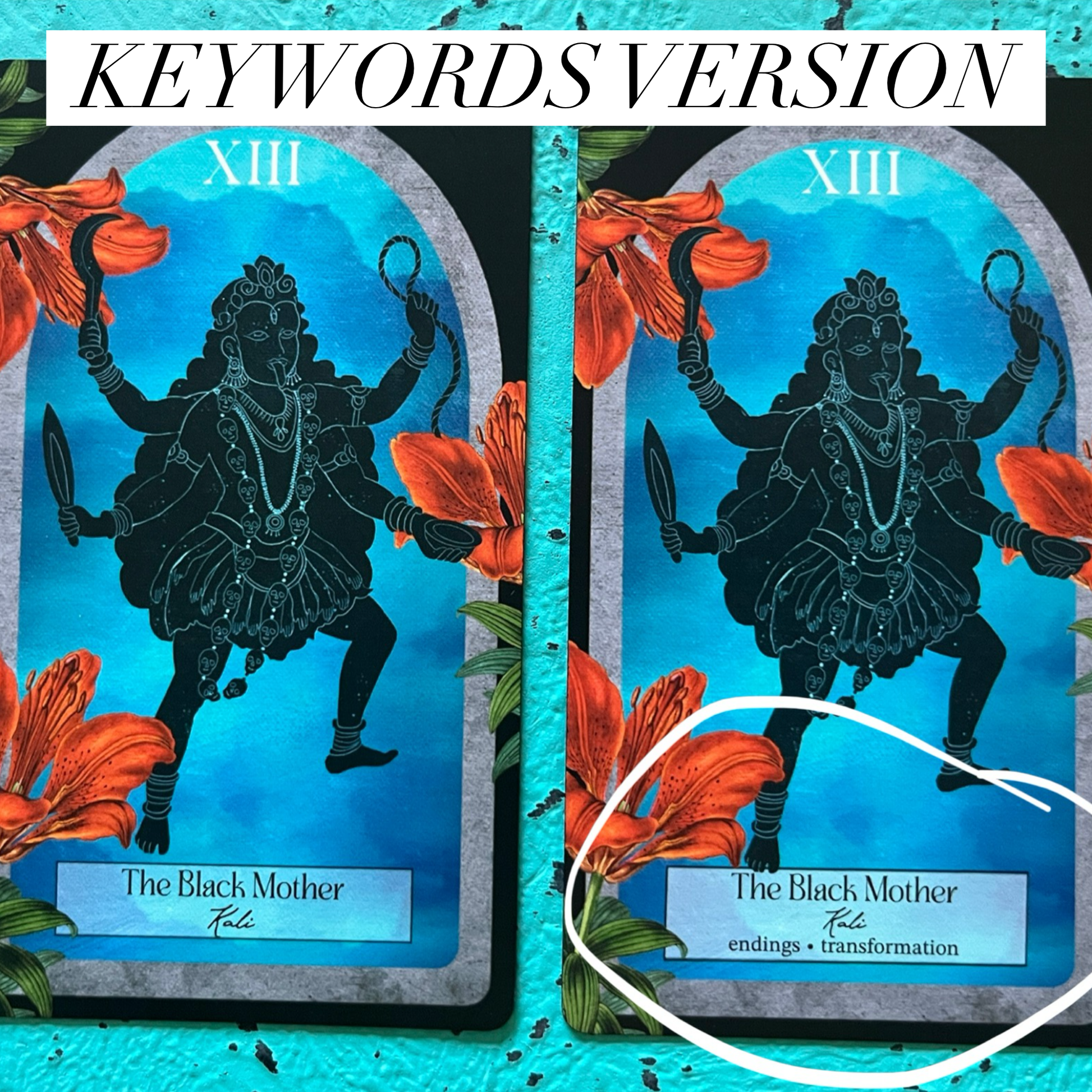 Two tarot cards titled 'The Black Mother' with floral elements on a blue background.
One has keywords "endings * transformation"