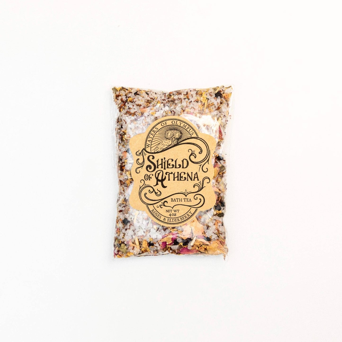 Packaged bath tea with 'Shield of Athena' label on a white background