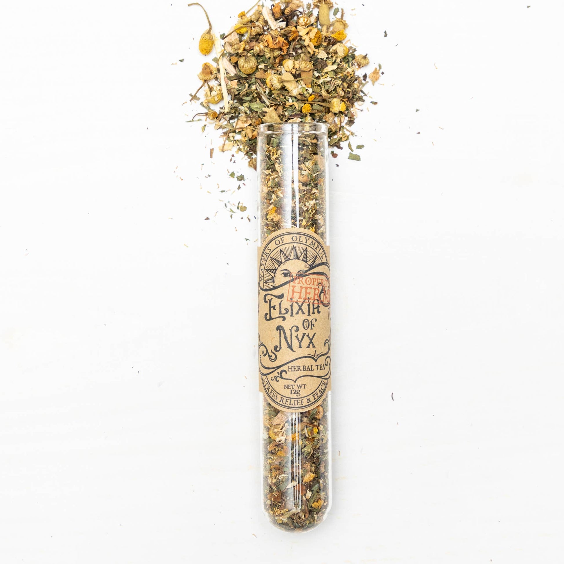Herbal tea in a glass tube with 'Elixir of Nyx' label on a white background