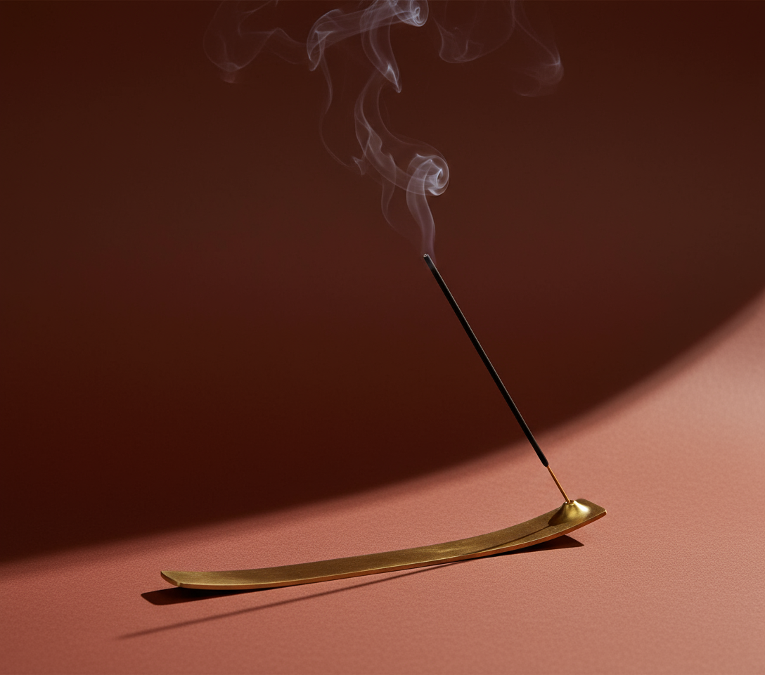 Incense stick with smoke on a gold holder against a dark background