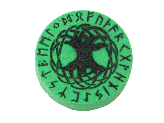 Green circular bath bomb with black tree design and runes