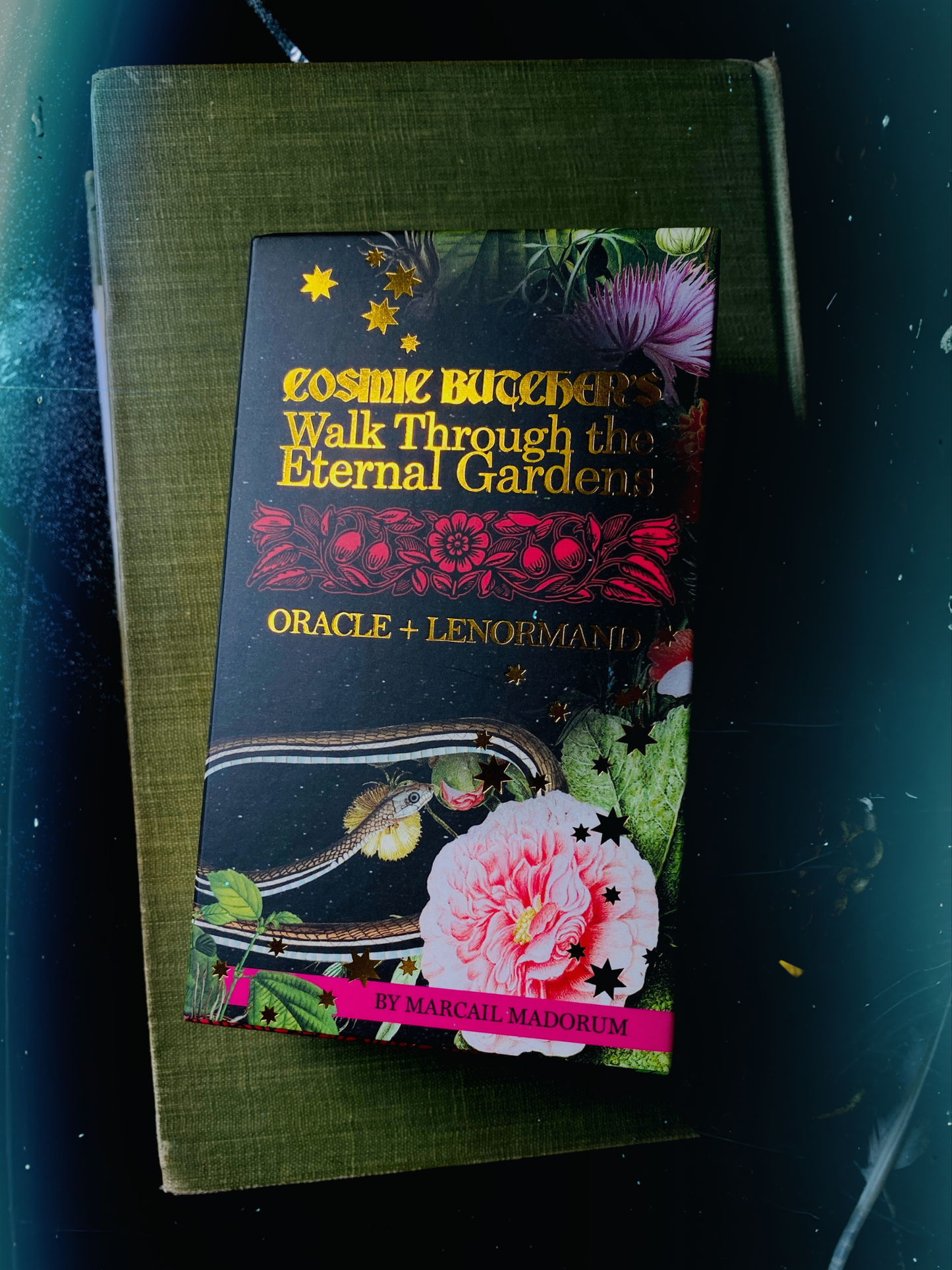 Packaging of 'Cosmic Bureaucrat's Walk Through the Eternal Gardens' Oracle and Lenormand cards on a green book surface