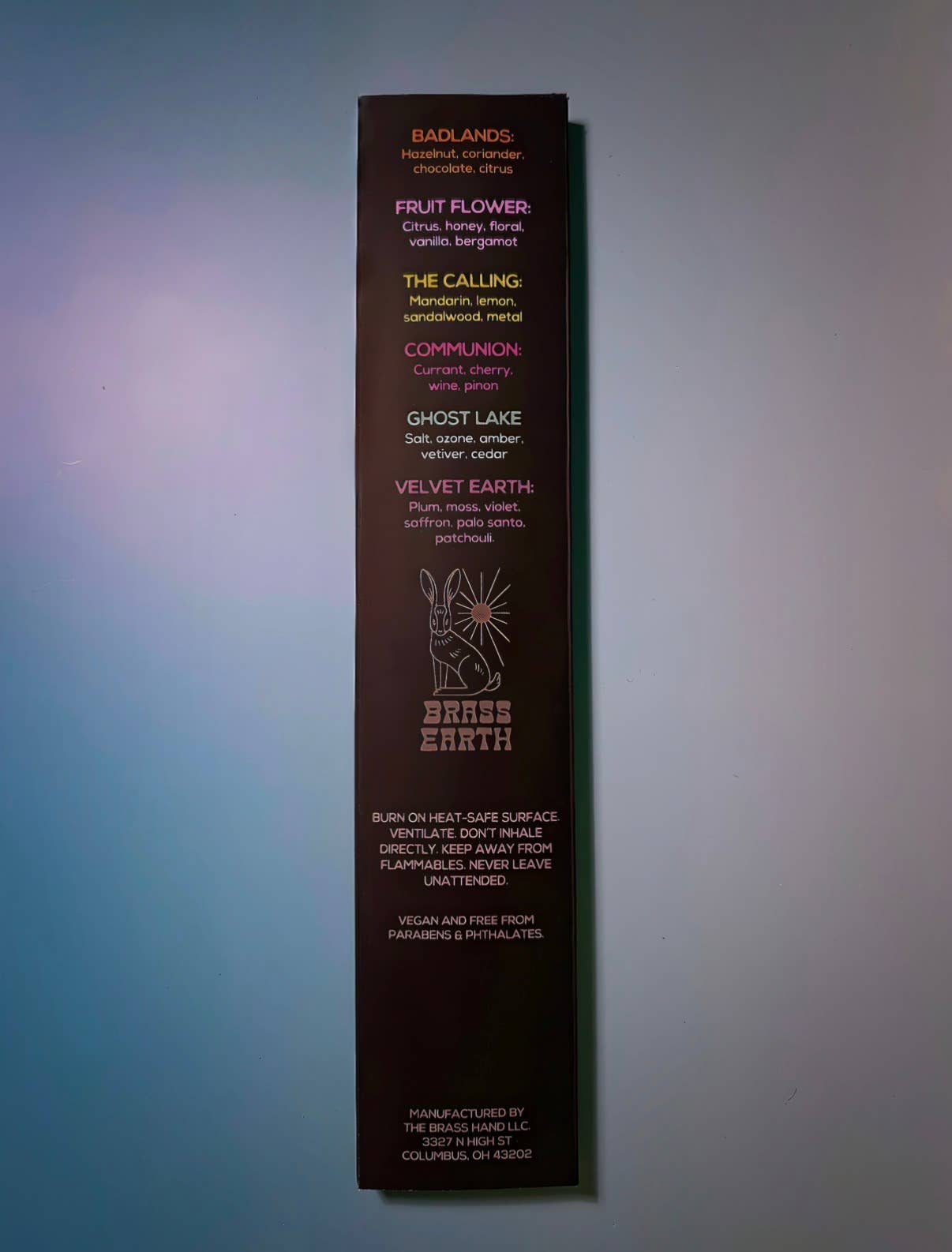 Product label with text and branding on a blue background
